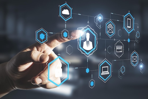 Hand pushing online computer cloud gologram