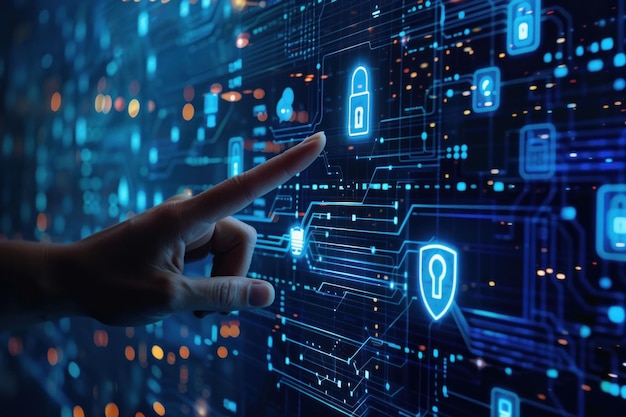 hand reaching towards a digital interface with security icons and glowing circuits on a blue background