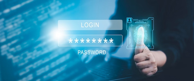 Hand touch fingerprint with virtual global with cyber security Login User identification information security and encryption secure access to users personal information secure Internet access