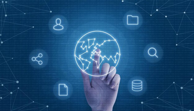 Hand touch globe concept with network threads surrounded with user share file folder search and data icons Binary vode and network threads in background
