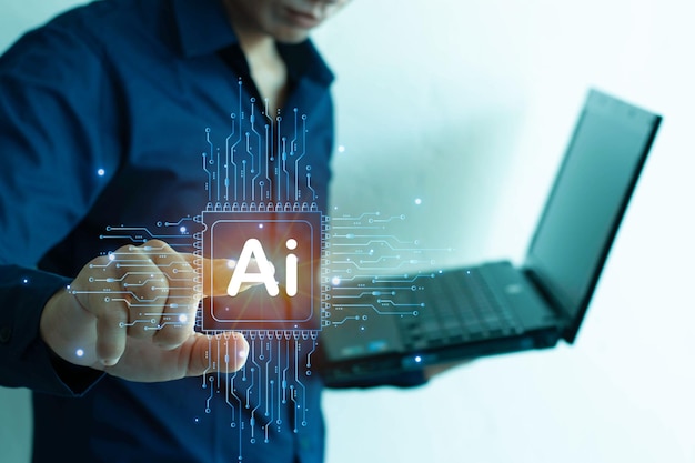Hand touching AI icon smart technology Ai concept or digital transformation management