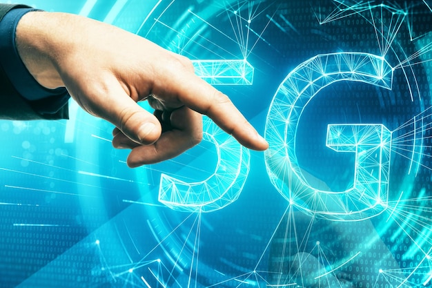Hand using glowing polygonal 5G internet hologram