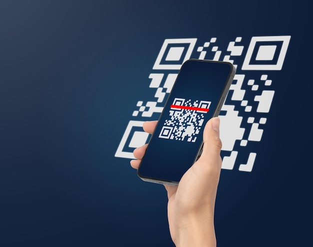 hand using mobile smart phone scan qr code barcode reader qr code payment cashless technology digital money concept
