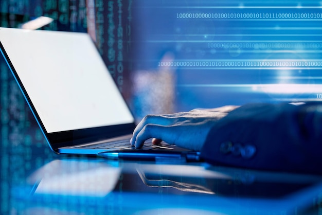 Hands code and laptop screen futuristic and programming software development with digital overlay Mockup space man programmer in office at night and database information technology and server