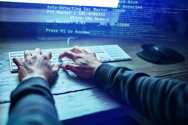 Hands hacker and cyber security computer and online cybercrime Data protection overlay and digital code person with network system for fraud and programming virus for internet web technology