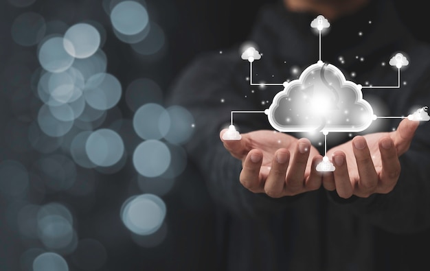 Hands holding virtual cloud illustration icon of cloud technology system