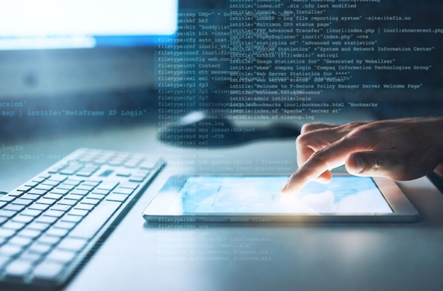 Hands hologram and programmer with tablet person or typing with internet coding or digital app Closeup consultant or employee with tech holographic or cyber security with software or web design