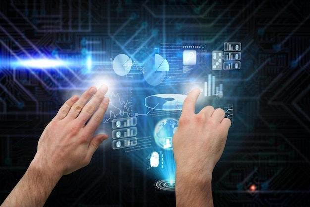 Hands pointing and presenting against futuristic black and blue background