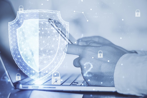 Hands using smartphone with antivirus shield interface