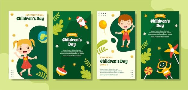 Happy Children Day Social Media Stories Flat Cartoon Hand Drawn Templates Background Illustration