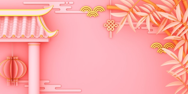 Happy chinese new year decoration with gate lantern bamboo