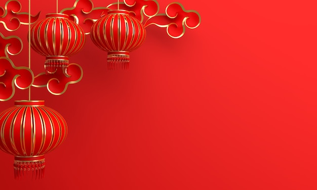 Happy Chinese new year decoration with lantern and cloud paper cut