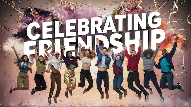 Happy international friendship day greeting card back view of friends group