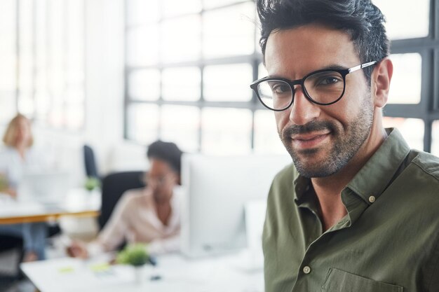 Happy smile and portrait of businessman in office for management leadership and vision Web design startup and future with face of ceo in creative digital agency for mindset mentor and goal