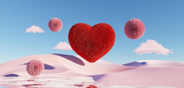 Happy Valentines Day Minimal love scene with fluffy heart floating in the air that style 3D render