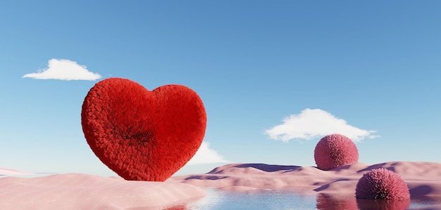 Happy Valentines Day Minimal love scene with fluffy heart floating in the air that style 3D render