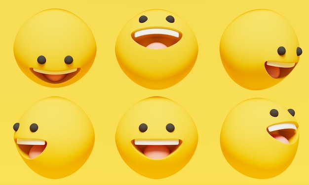 Happy yellow emoticon view from different angles use for technology happiness and other themes 3d illustration
