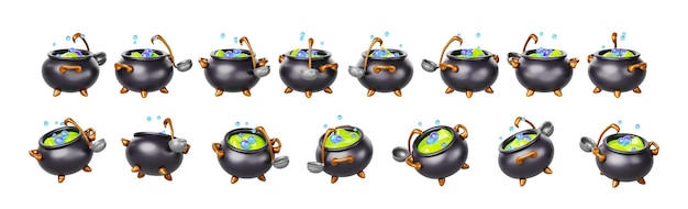 Häxa eller trollkarls kittel rotation render Animerings sprite sheet av kruka med kokande magisk trolldryck gift och slev Tecknade spel UI panna ikoner set med grön vätska vattenbubblor