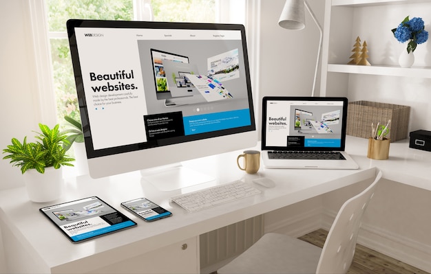 Hemma kontorsskrivbord som visar webbdesignskapare, 3D-rendering.