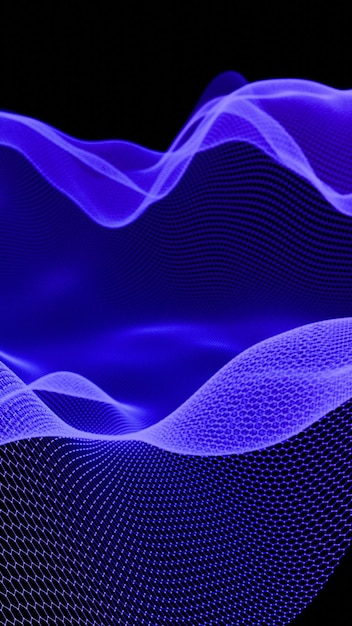 hexagonal grid with flowing blue abstract mesh on black background