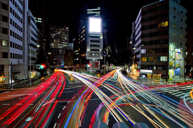 high angle view of light trails on city at night