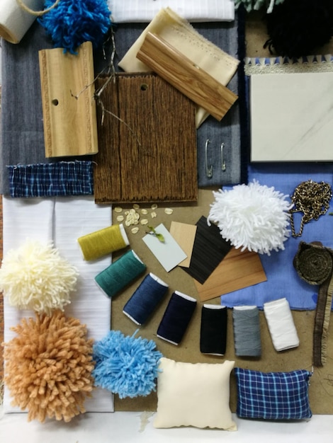 High angle view of sewing items on table