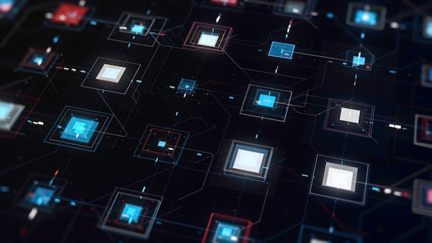 high tech computer circuit board with many signals flowing fast on black background animation