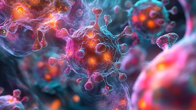 Highly detailed 3D closeup of the Monkeypox virus with glowing spikes and a sharp fiery halo representing its dangerous and infectious nature in vivid colors