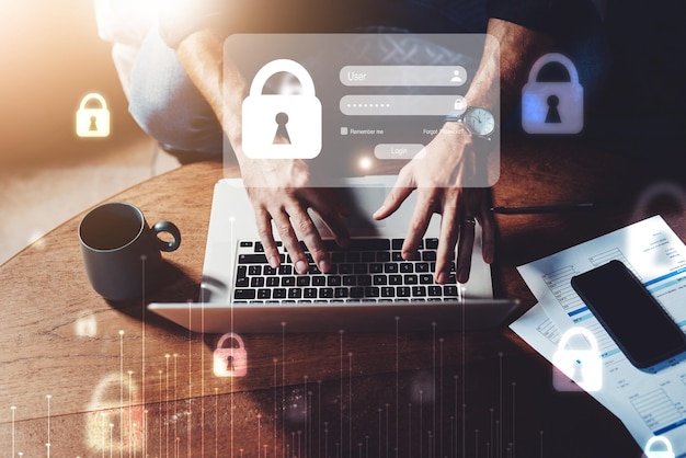 Hologram bärbar dator och händer på person för cybersäkerhetswebbplats och informationsteknik mockup Affärslösenordsgränssnitt och toppvy av dator med överlägg för låsnätverk och forskning
