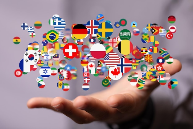 Hologram of a 3D rendered flags with a person behind