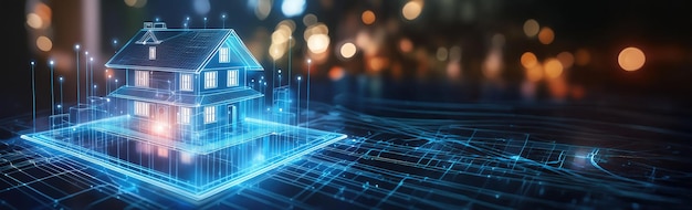 Hologram of a house and design in Real Estate project Future Concept Simulation and connect Connect