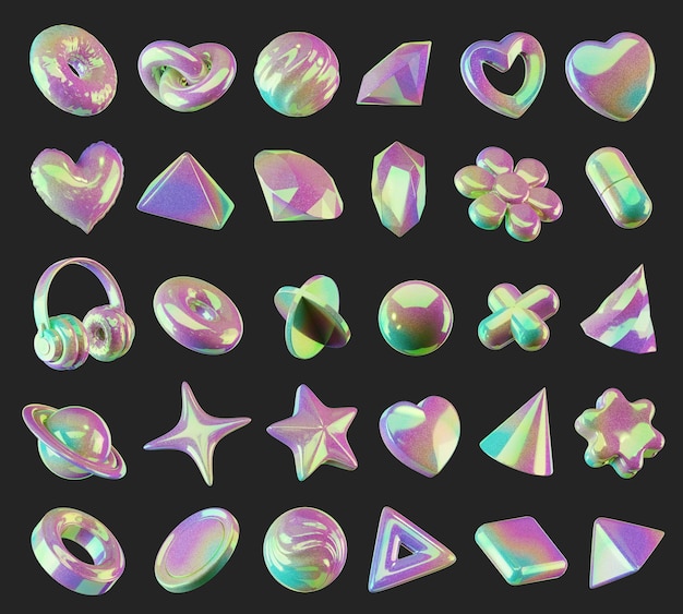 Holographic element set pack isolated background 3d rendering