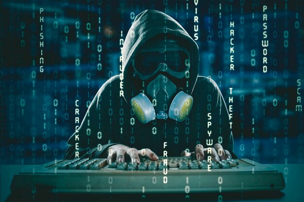 Hooded male hacker in gas mask using a computer