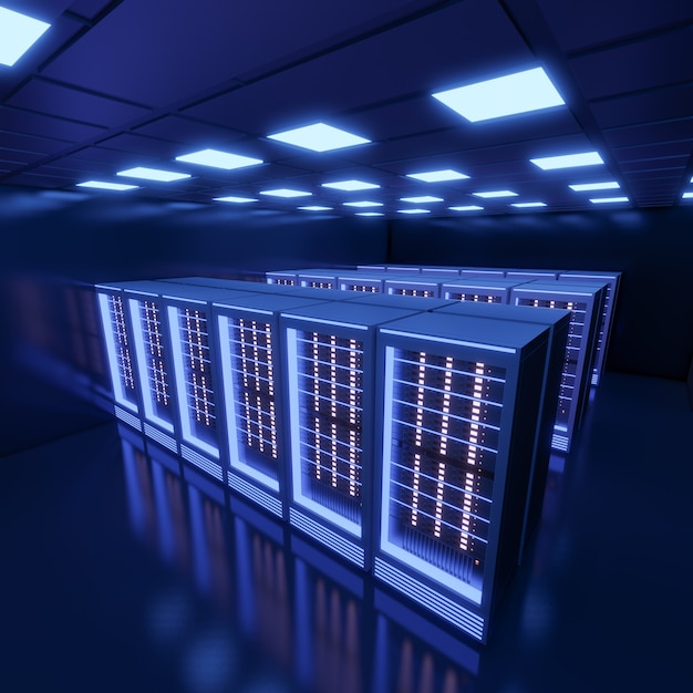 Hosting server computerrum med blåt lys i sort farvetema. 3D-rendering illustration.