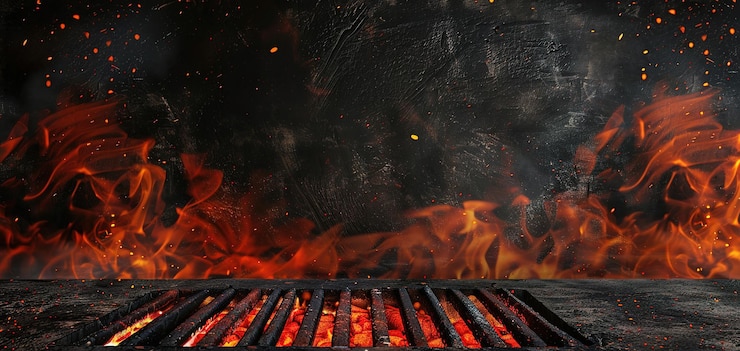 Bild hot empty portable barbecue bbq grill with flaming fire and ember charcoal on black background