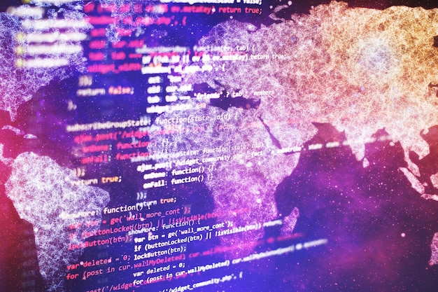 HTML5 in editor for website development. Website HTML Code on the Laptop Display Closeup Photo. Modern tech. Innovative startup project.