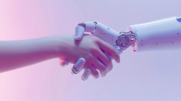 Human and robot hand in handshake blurred tech backdrop closeup machine learning progress future alliance isolated on soft plain pastel solid background