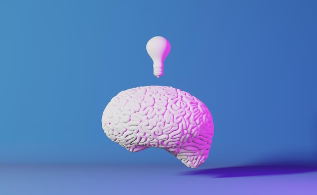 Human brain pastel light bulb neon background 3d rendering Creative idea Artificial intelligence Positive thinking emotion Mental healthMemory improvement Mindfulness Education Cognitive development