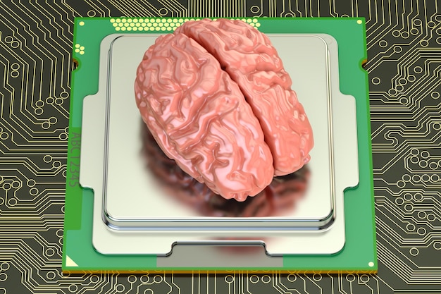 Human brain with computer processor artificial intelligence concept 3D rendering
