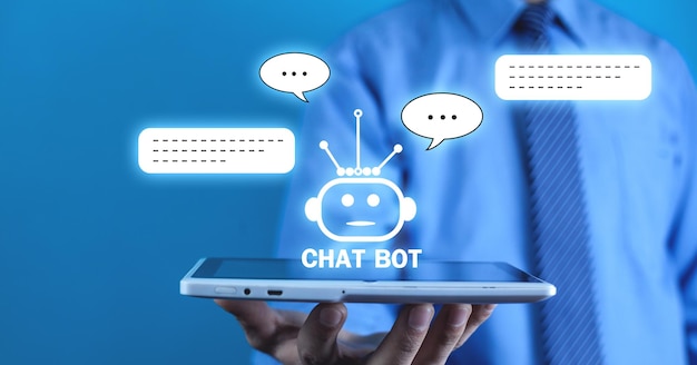 Human using tablet with Chat Bot application for online information Artificial Intelligence concept