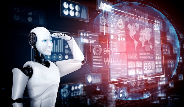 Humanoid AI robot looking at hologram screen showing concept of big data