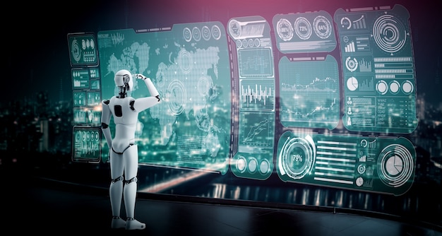 Humanoid AI robot looking at hologram screen showing concept of big data