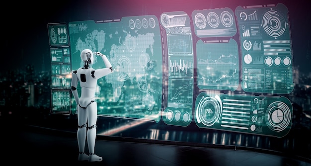 Humanoid AI robot looking at hologram screen showing concept of big data