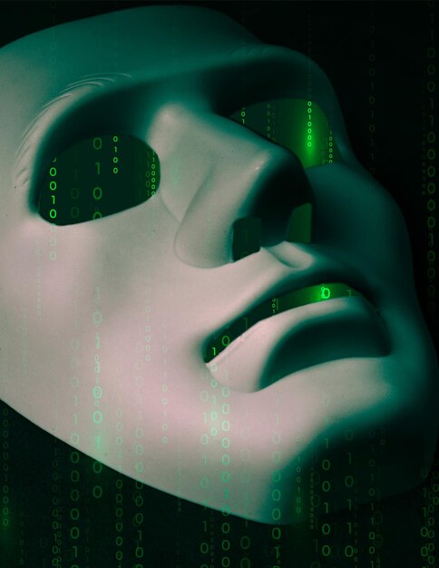 Hvid hacker maske med binær kode digital grænseflade Dobbelt eksponering datatyveri internet svindel darknet og cyber sikkerhedskoncept