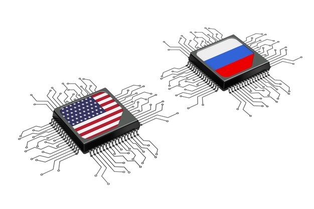 Hybrid and Cyber War Concept Microchip CPU Processors with Circuit and USA and Russia Flags on a white background 3d Rendering