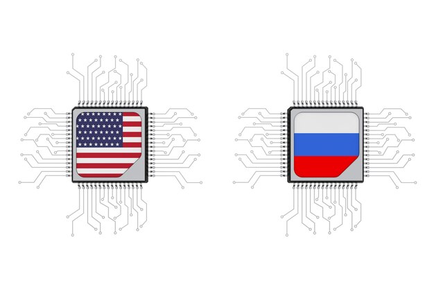 Hybrid and Cyber War Concept Microchip CPU Processors with Circuit and USA and Russia Flags on a white background 3d Rendering