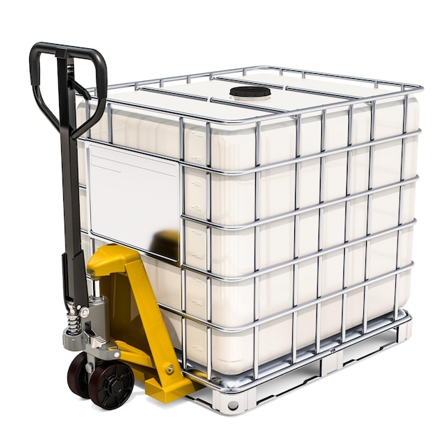 Hydraulic pallet jack with white intermediate bulk container 3D rendering