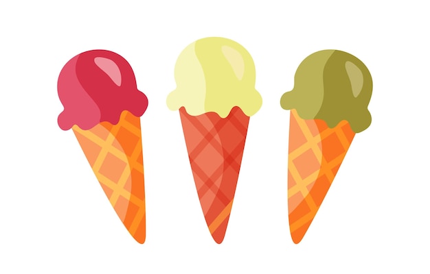 Ice cream in waffle cones Strawberry orange pistachio blueberry