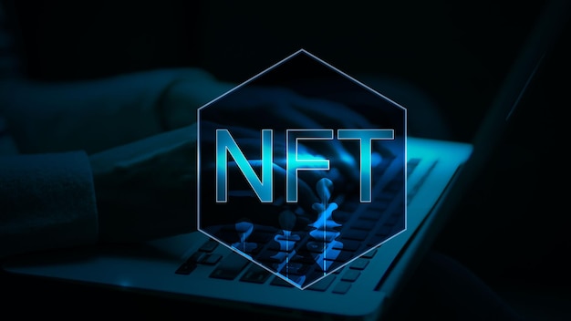 Icke-fungibel token hologram NFT-vektor 3D-illustration mörkblå med fria utrymmen bakgrund