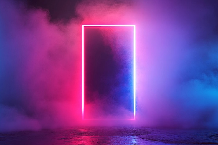 Bild illuminated neon rectangle emerging from dense fog